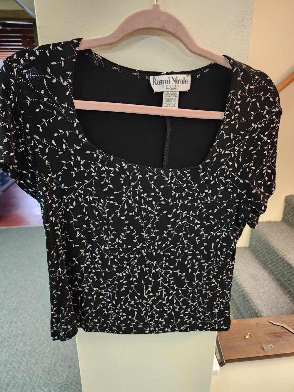 Ronni Nicole Black Crop Top with Light Black and White Irridescent Vine Print
